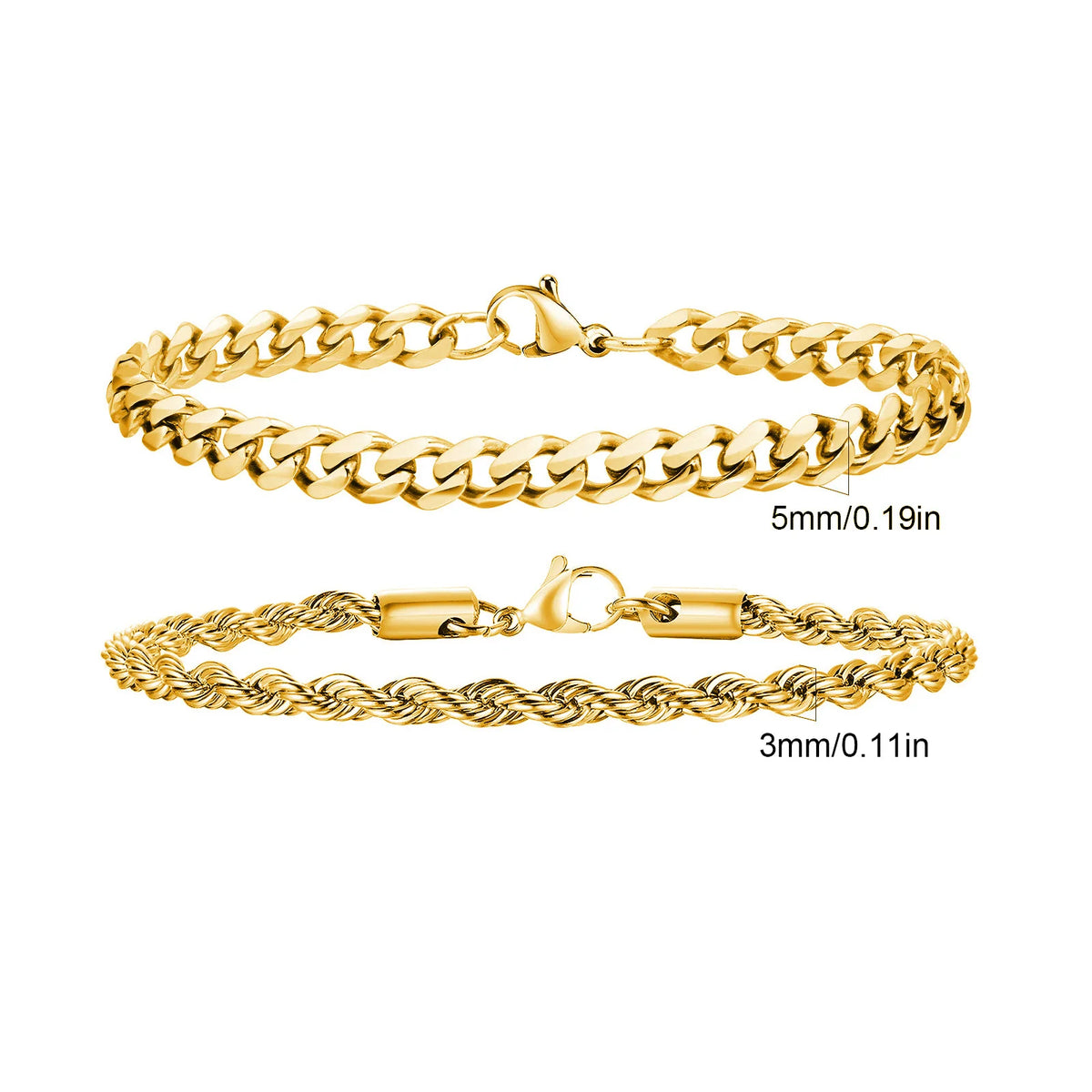 Sablon Stack in gold on white, 5mm flat link and 3mm twist rope bracelets with lobster clasps
