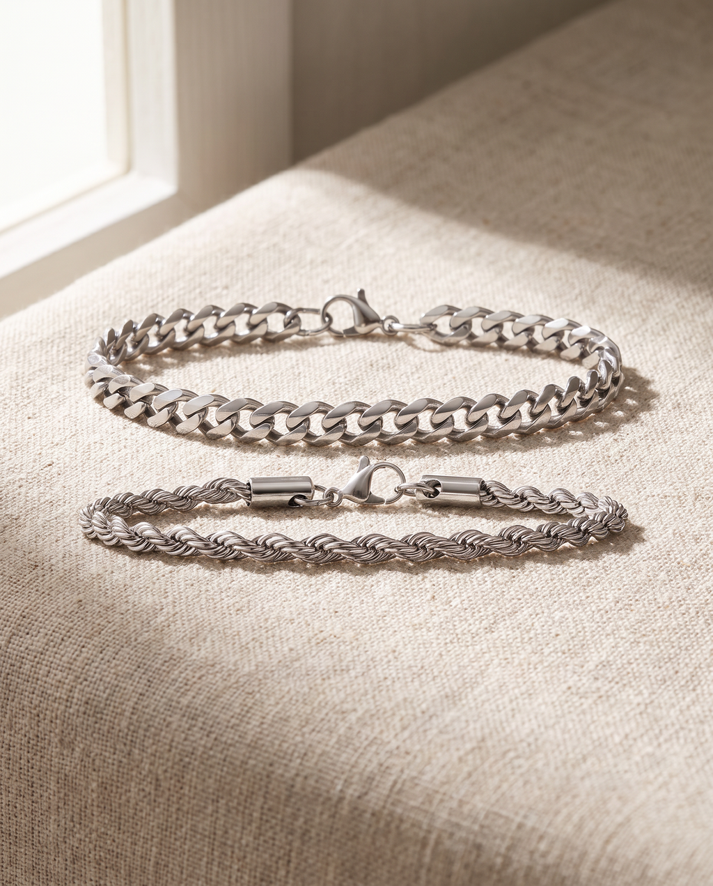 Sablon Stack in silver on oatmeal linen in window light