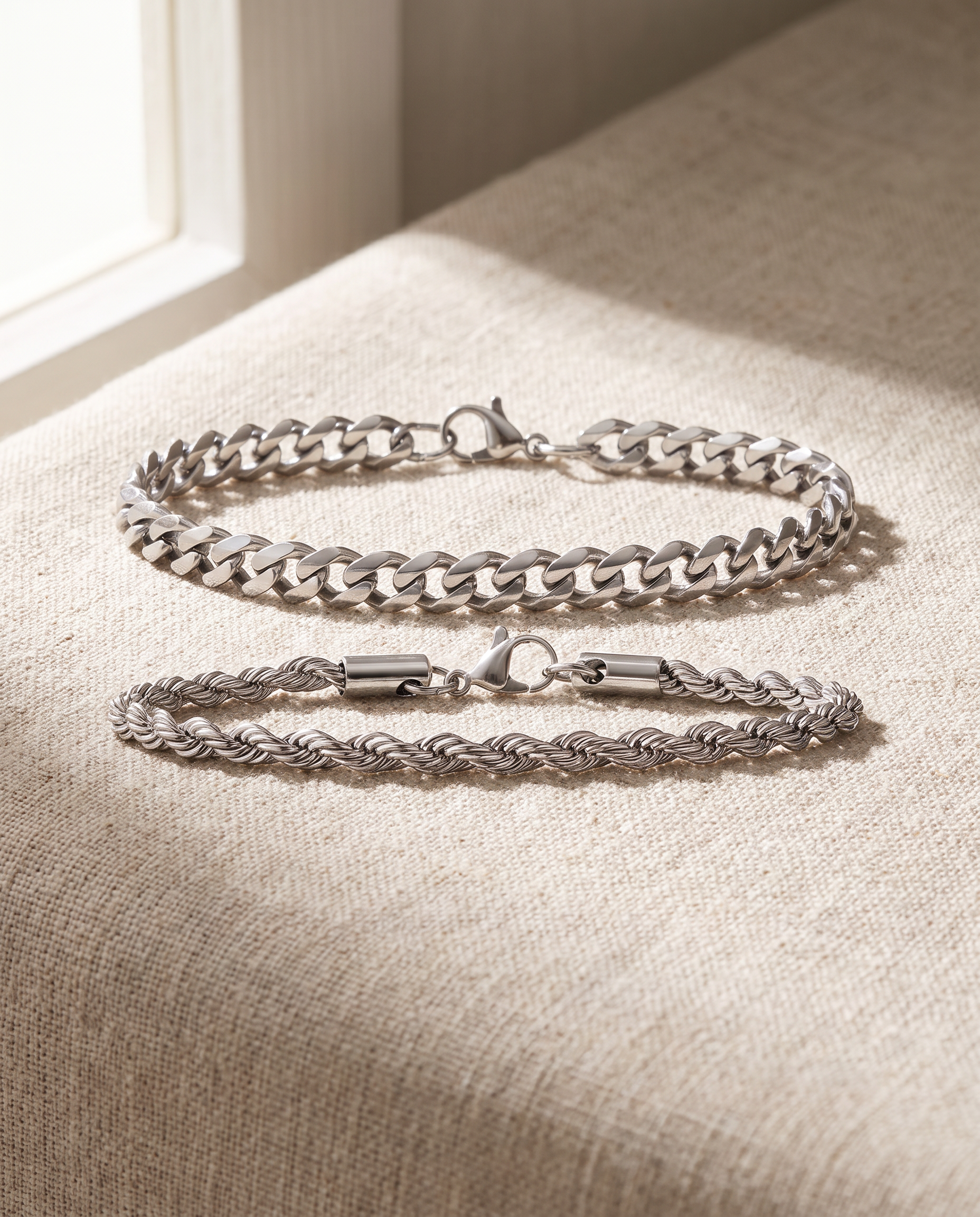 Sablon Stack in silver on oatmeal linen in window light