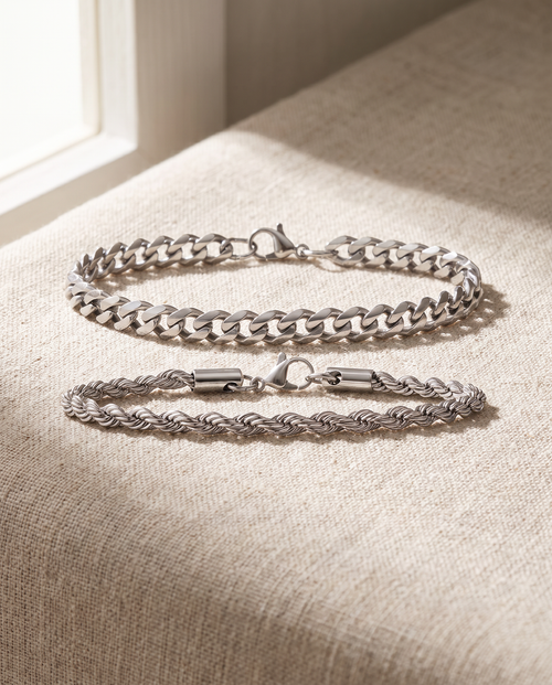 Sablon Stack in silver on oatmeal linen in window light