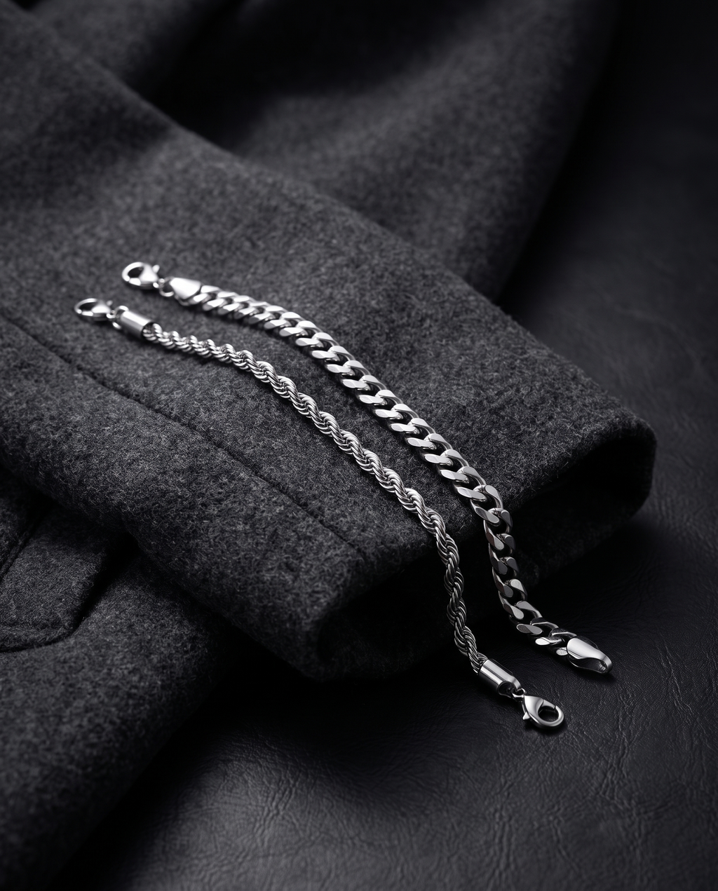 Sablon Stack in silver on a charcoal wool coat sleeve
