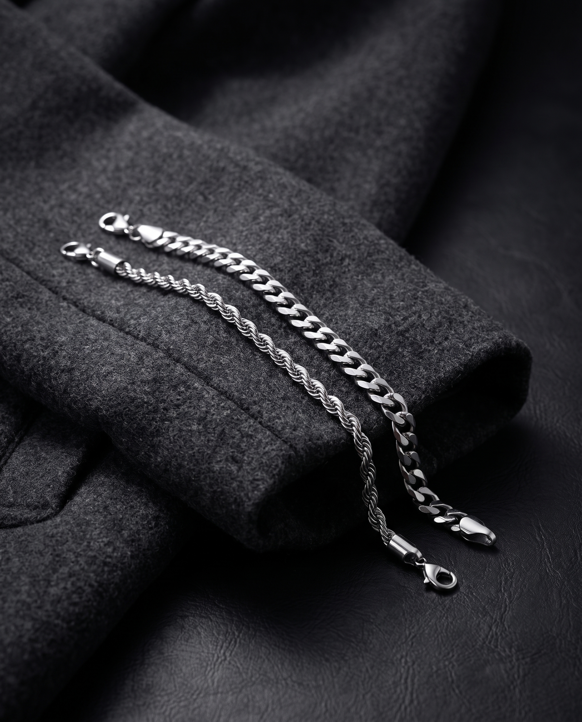 Sablon Stack in silver on a charcoal wool coat sleeve