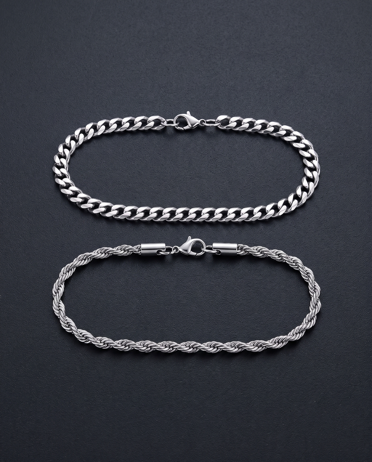 Sablon Stack in silver, flat lay of both bracelets on charcoal slate