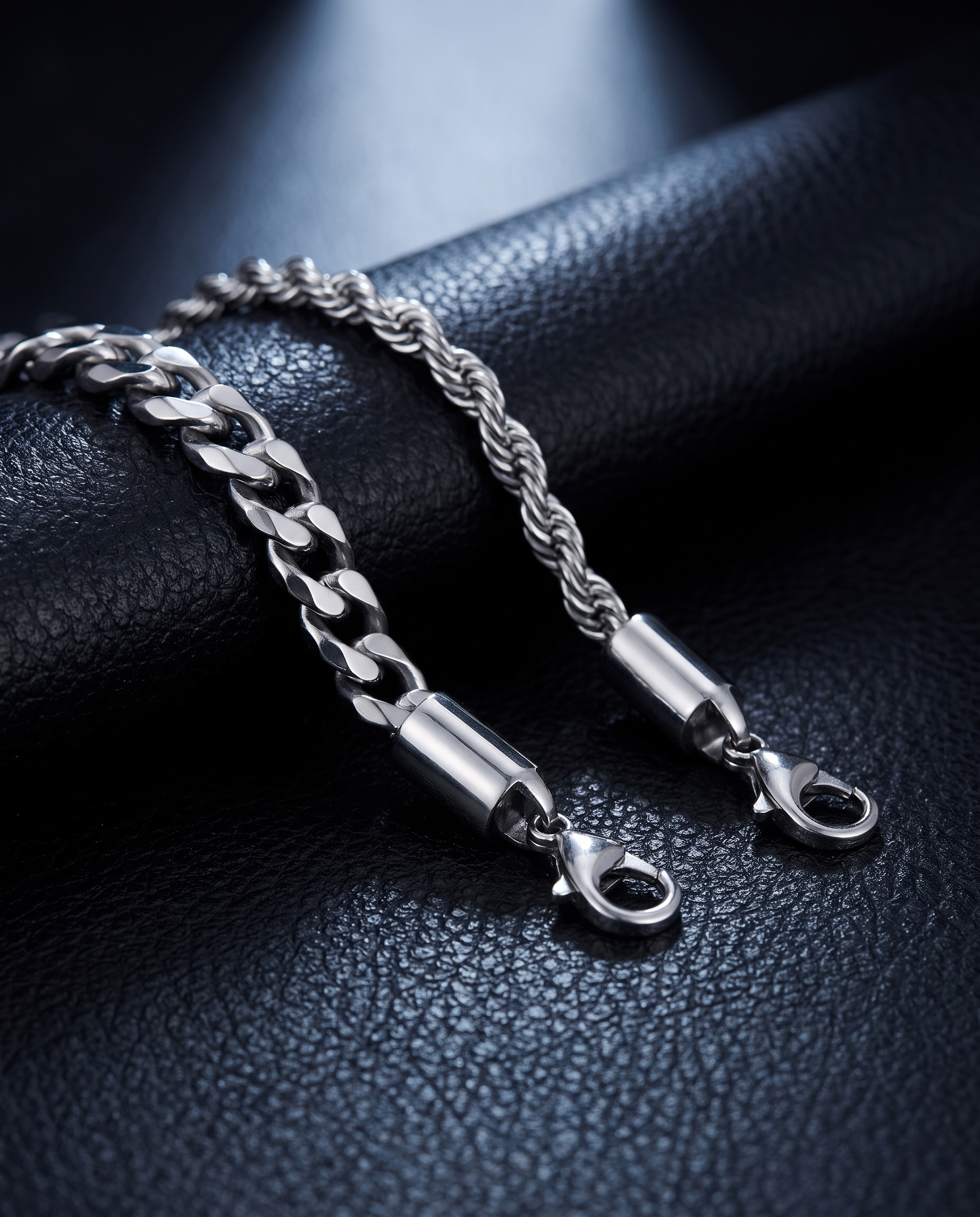 Sablon Stack in silver, close detail of the clasps and chain links